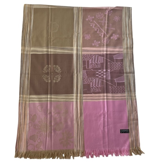 Geometric Pink Brown Silk Pashmina Fringe Shawl Scarf - Picture 3 of 6